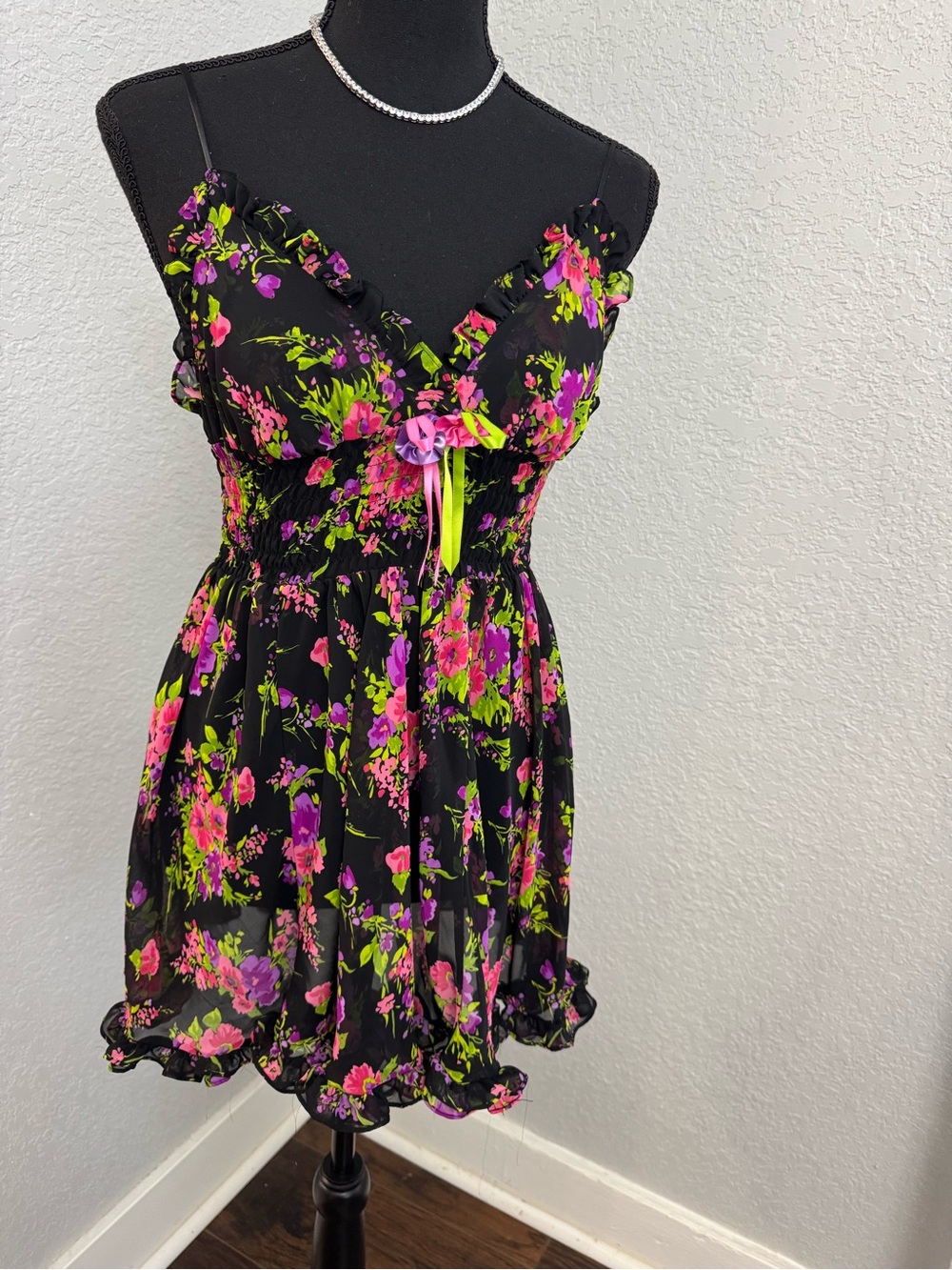 Betsey Johnson Black Floral Ruffle Chemise with Pink & Green Accents